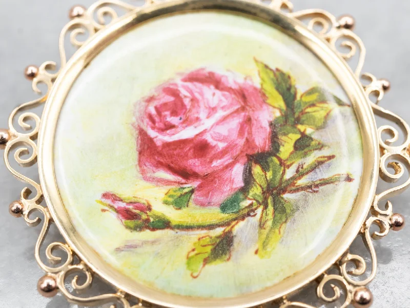 Oval stone brooches-Vintage Painted Porcelain Krementz Flower Brooch