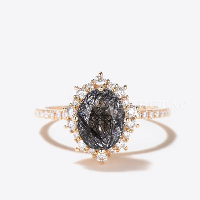 Bead trim rings-Oval Cut Natural Black Rutilated Quartz Halo Diamond Engagement Ring