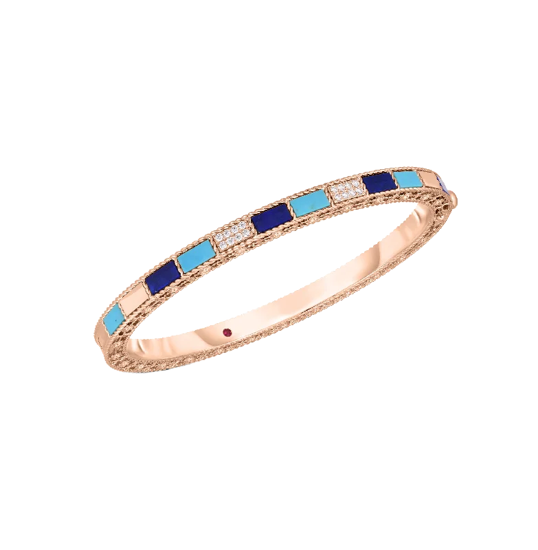 Round shape bracelets-Roberto Coin Mosaic Rose Gold Lapis and Turquoise Bangle with Diamonds