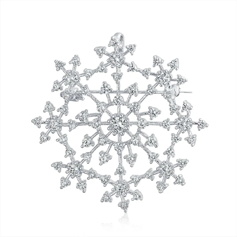 Wire-wrapped brooches-Large CZ Pave Snowflake Brooch Pin Silver Plated Brass Winter Holiday Scarf