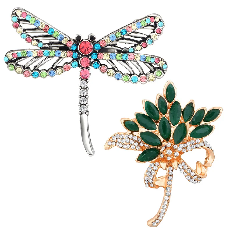 Opal inlay brooches-Mahi Combo of Floral and Butterfly Shaped Wedding Brooch / Lapel Pin with Multicolor Crystals for Women (CO1105483M)