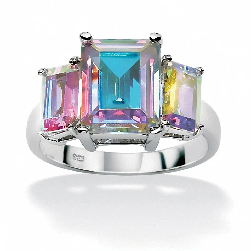 Small heart rings-5.60 Cttw. Emerald-Cut Aurora Borealis Cubic Zirconia Sterling Silver Ring