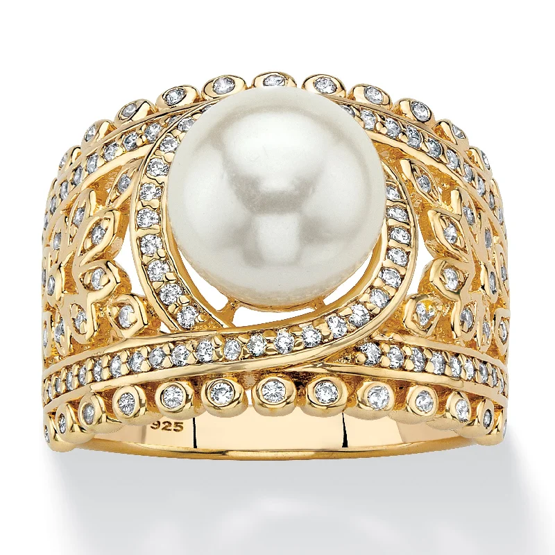 Clear quartz rings-.65 Cttw. 14k Gold-plated Sterling Silver Simulated Pearl and CZ Floral Ring