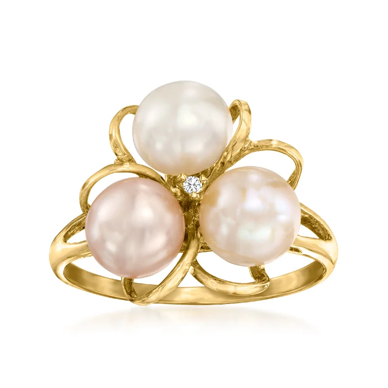 Light enamel rings-Ross-Simons 6.5-7mm Multicolored Cultured Pearl Flower Ring With Diamond Accent in 18kt Gold Over Sterling