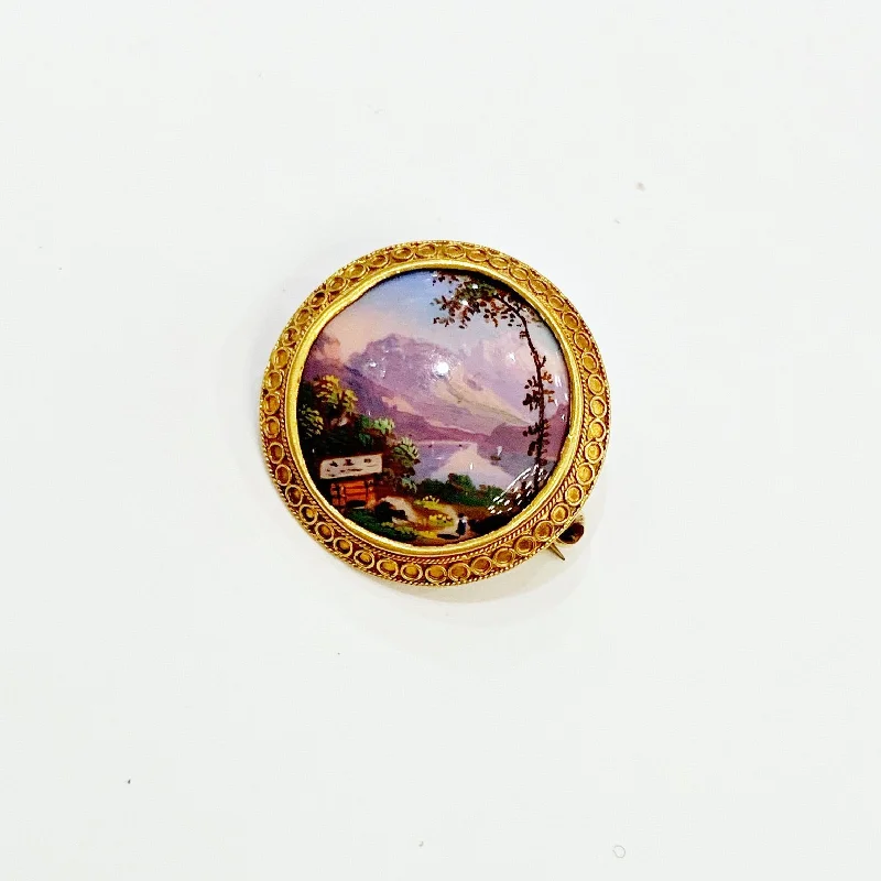 Locket style brooches-Estate Collection Brooch - Enameled Mountain Scene