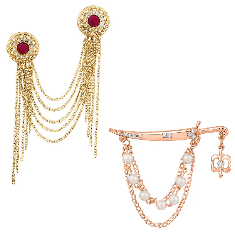 Wooden carved brooches-Mahi Combo of Layered Chains and Sword Shape Wedding Brooch with Maroon, White Crystals, Artificial Pearls for Men (CO1105462M)