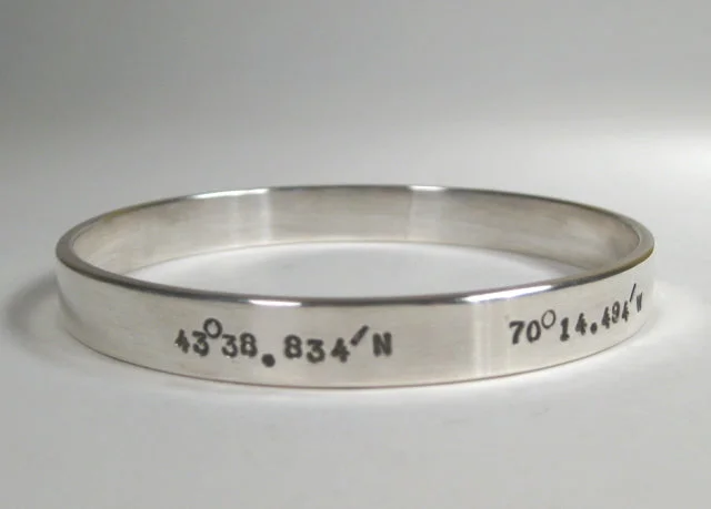 Small stack bracelets-Sterling Silver Bangle w/ Latitude & Longitude, 8mm, Small Text