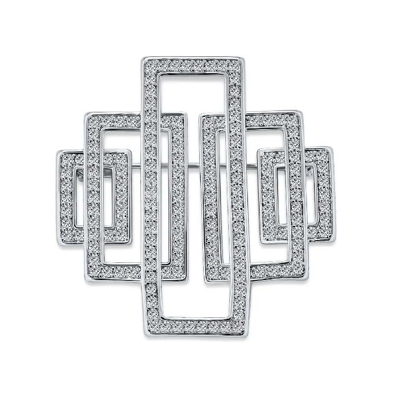 Knot design brooches-Geometric Art Deco Vintage Style CZ Cubic Zirconia Brooche Pin Silver Plated