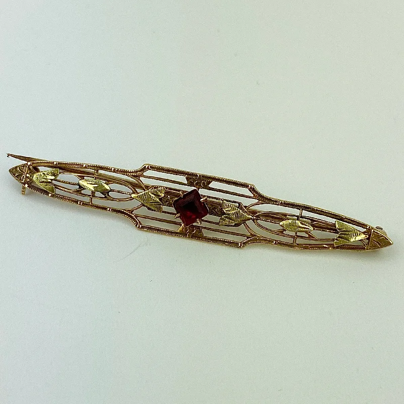 Rainbow bead brooches-Estate Collection Brooch - Rose & Yellow Gold Bar Pin w/Red Stone