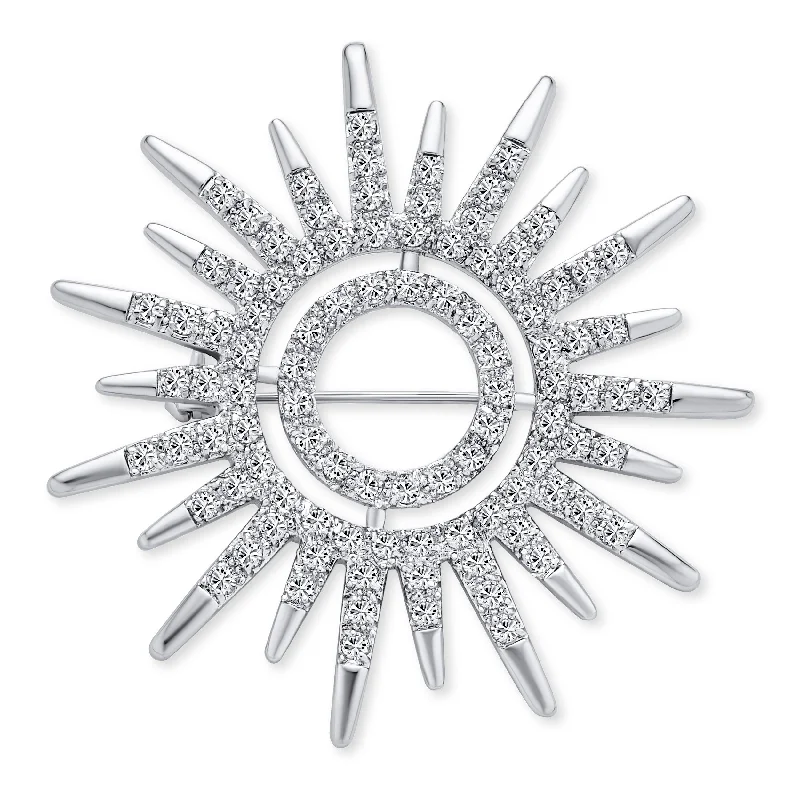 Antique silver brooches-Summer Flaming Sunshine Micro Pave CZ Starburst Brooche Pin Silver Plated