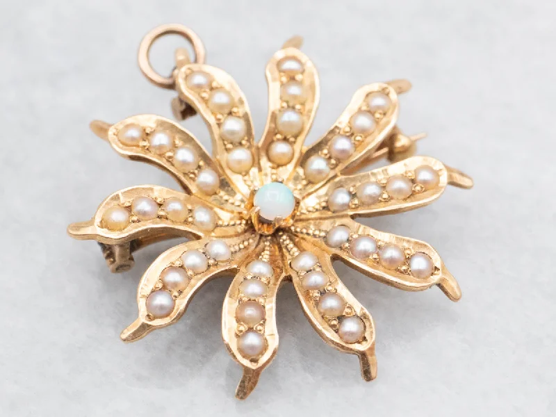 Celestial theme brooches-Victorian Opal and Seed Pearl Flower Brooch or Pendant