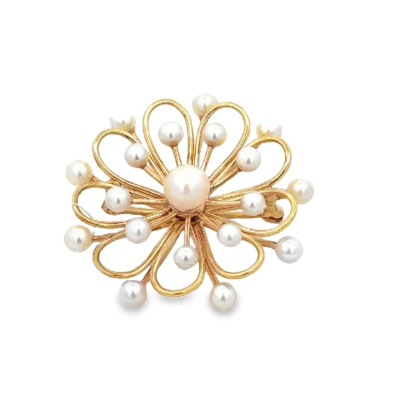 Vintage lock brooches-Vintage 1980s Akoya Pearl Brooch in Yellow Gold