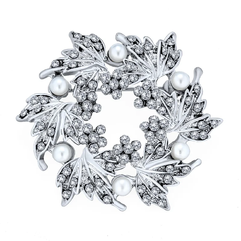 Locket style brooches-Elegant Bridal Crystal Pearl Wreath Circle Scarf Brooche Pin for Weddings