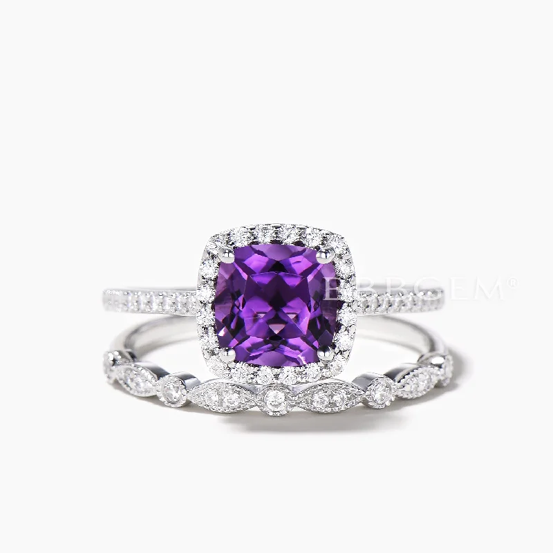 Tri-blend rings-2pcs 8mm Cushion Amethyst Halo Engagement Ring Diamond Milgrain Bridal Ring