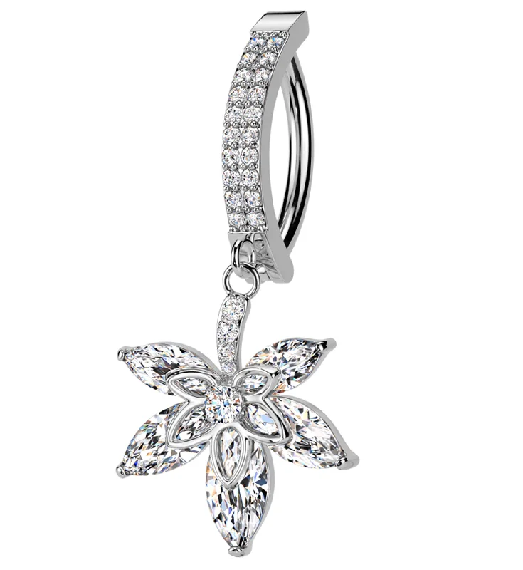 Twisted thread rings-Hemp Leaf Dangle Clear CZ Stainless Steel Hinged Belly Button Ring