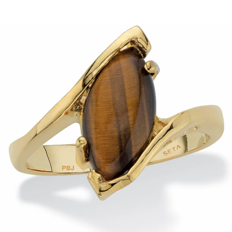 Bold geometric rings-Marquise-Shaped Genuine Tiger's-Eye Yellow Gold-Plated Cocktail Ring