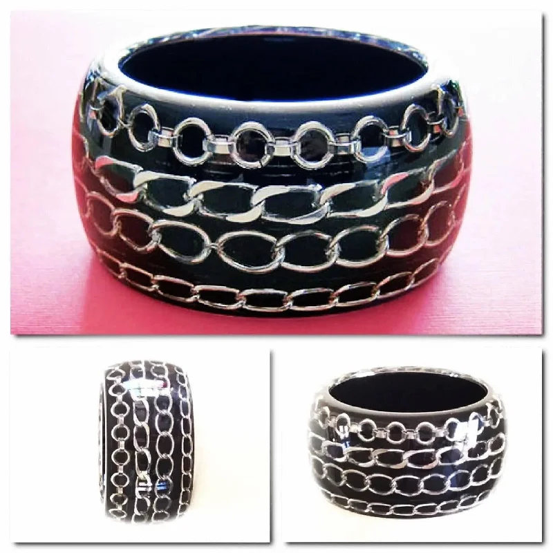 Flow shape bangles-Extra wide black encased chain bangle