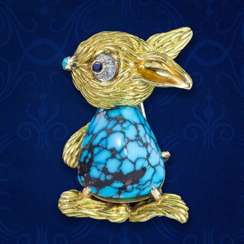 Luxe diamond brooches-Vintage French Turquoise Diamond Sapphire Rabbit Brooch 18ct Gold