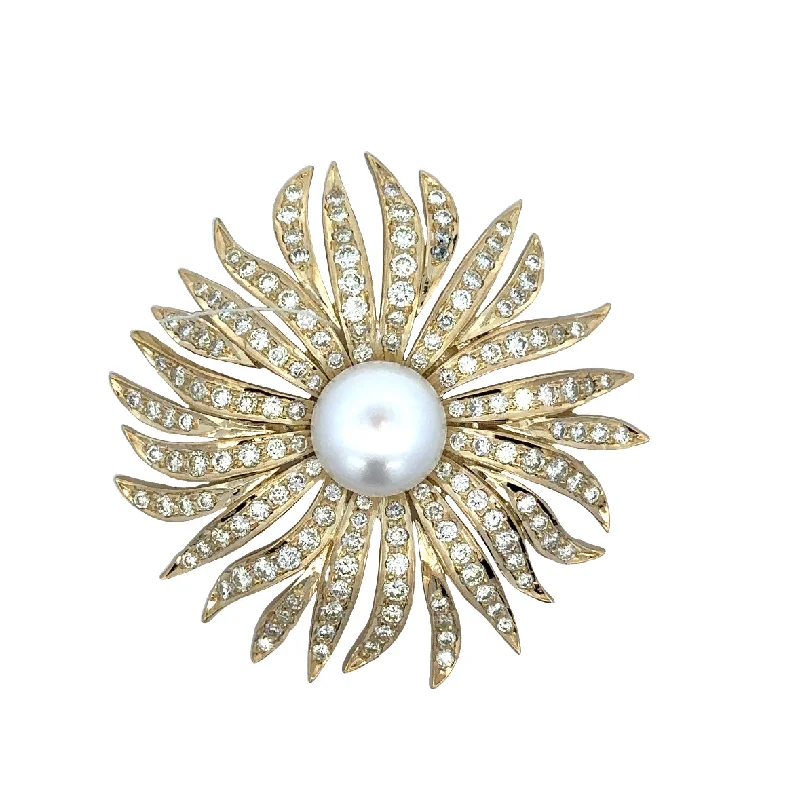 Mixed metal brooches-Statement Vintage Floral Button Pearl and Diamond Brooch in 18k Yellow Gold