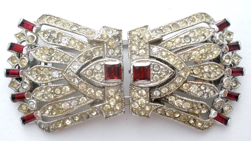 Oval gem brooches-Coro Red Rhinestone Dress Clip Duette Brooch