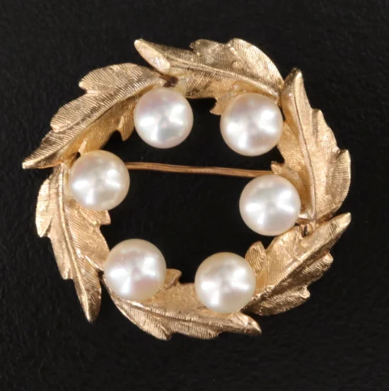 Vintage pearl brooches-Estate Collection Brooch - 14K Pearl Wreath Brooch