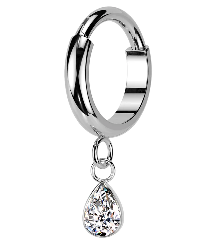 Bright band rings-Teardrop Clear CZ Dangle Titanium Hinged Segment Ring