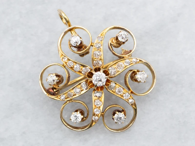 Hammered metal brooches-Yellow Gold Old Mine Cut Diamond Pinwheel Brooch or Pendant