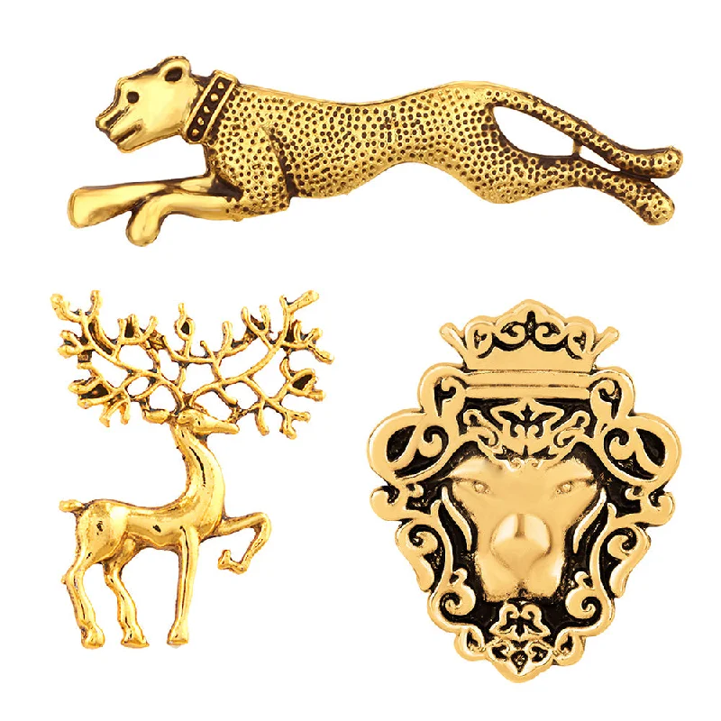 Luxe diamond brooches-Mahi Combo of Deer, Jaguar and Lion Face Shaped Wedding Brooch / Lapel Pin for Men (CO1105478G)