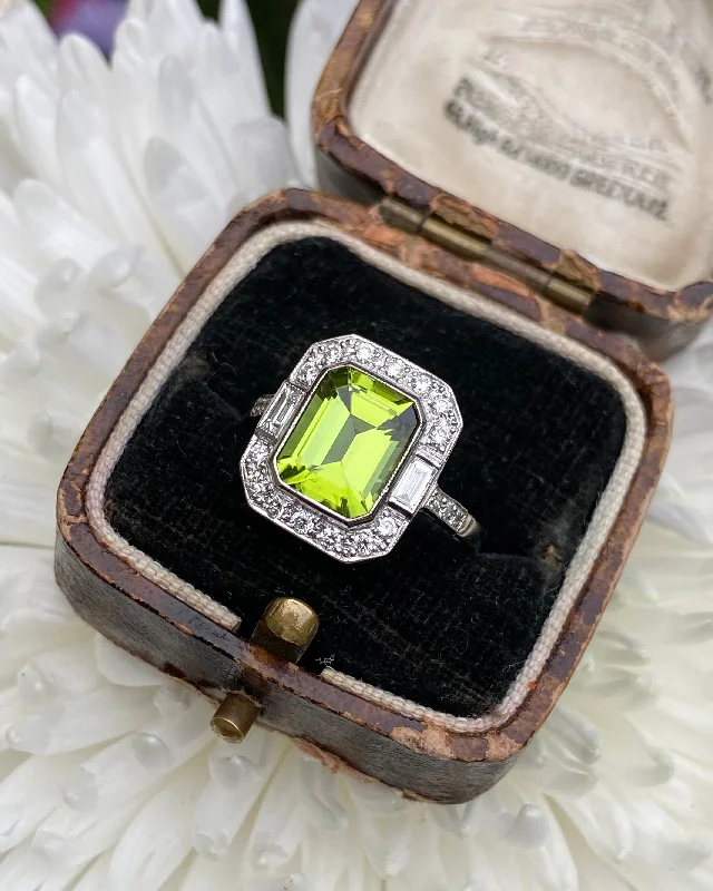 Old vow rings-Art Deco Peridot and Diamond Platinum Ring 0.50ct + 2.20ct