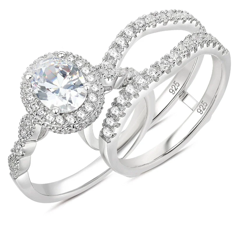 Round shape rings-Oval Cut Diamond Halo Engagement Ring Set