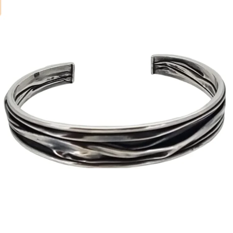 Bead charm bracelets-Slim Sterling Silver Multi-Layer Contrasting Cuff Bangle for Women