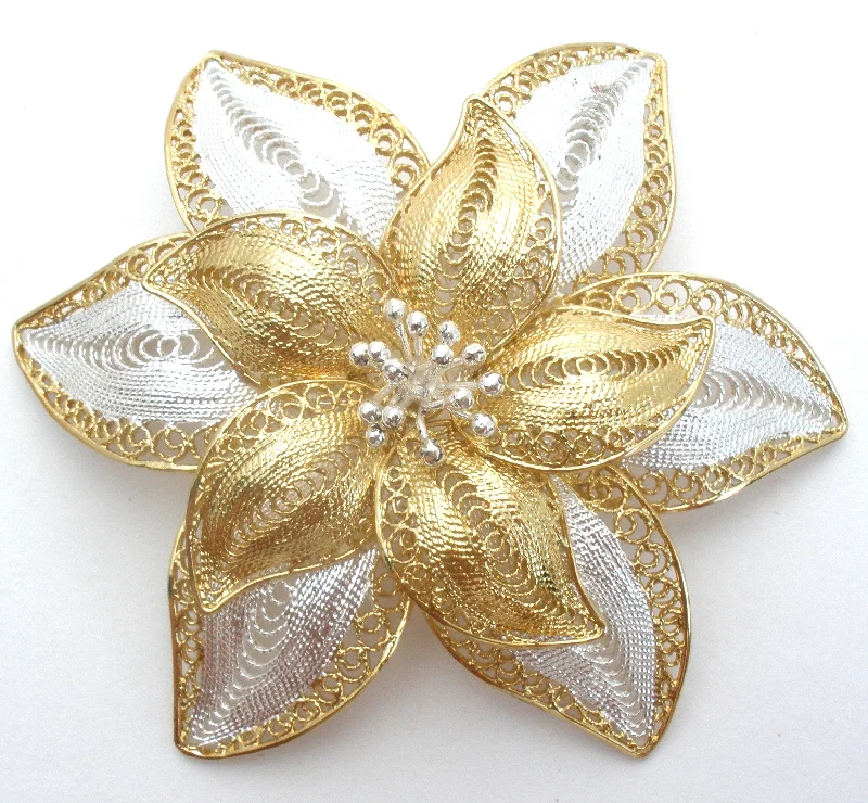 Bold geometric brooches-Sterling Silver &  Gold Filigree Flower Brooch Vintage