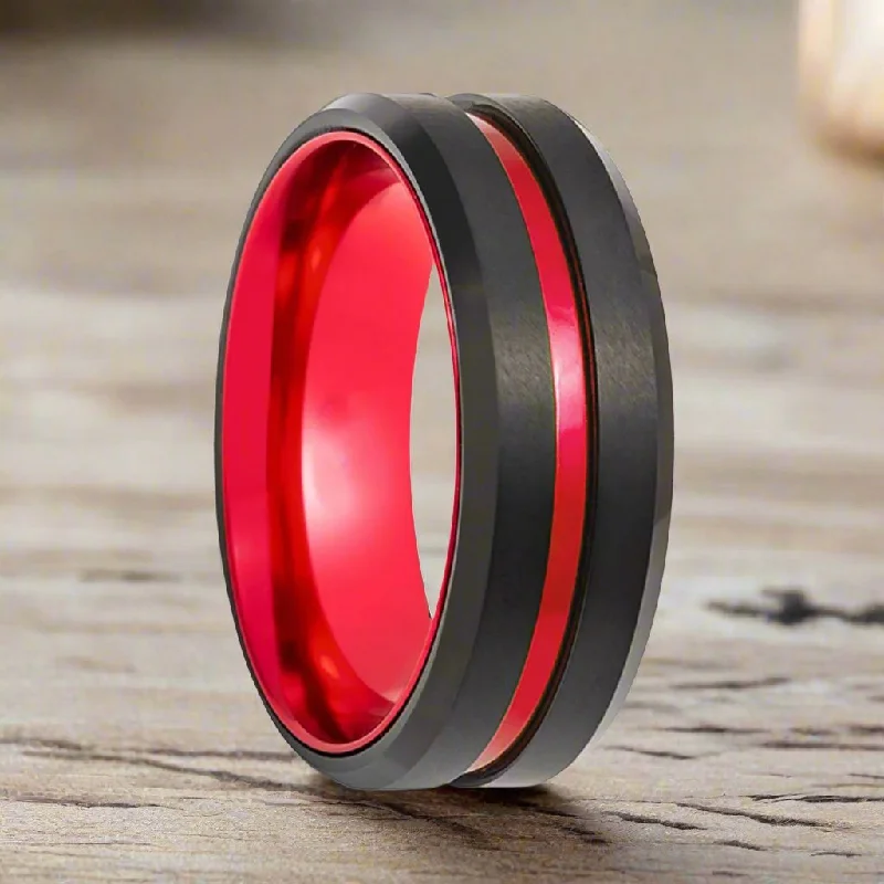 Raven feather rings-BUGATTI | Red Ring, Black Tungsten, Red Groove, Beveled Edges