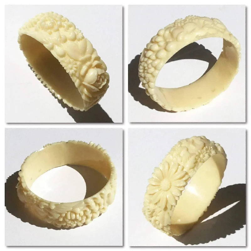 Full moon bangles-Vintage Celluloid Cream Double Elephant Flower Bangle