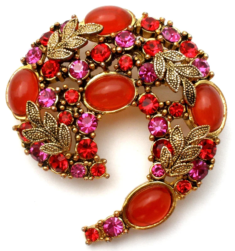 Coin medallion brooches-Vintage Brooch With Red Orange and Pink Rhinestones