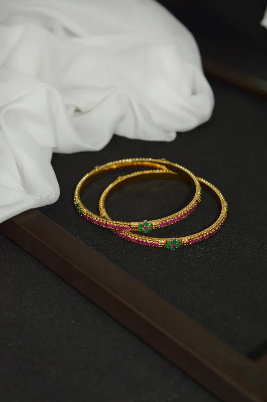 Bright link bracelets-Gold Plated Stone Bangle Pair with Green and Purple Stones