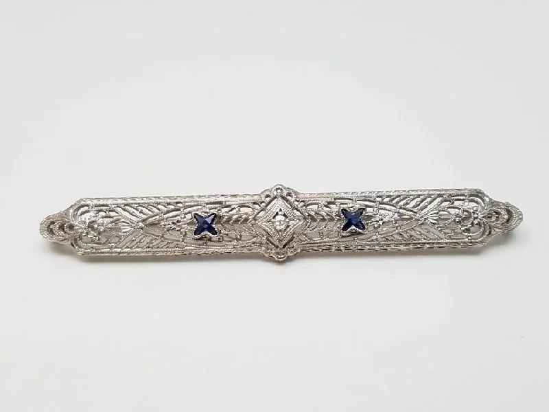 Velvet accent brooches-1930's Art Deco 14k White Gold Natural Diamond & Synthetic Sapphire Brooch Pin