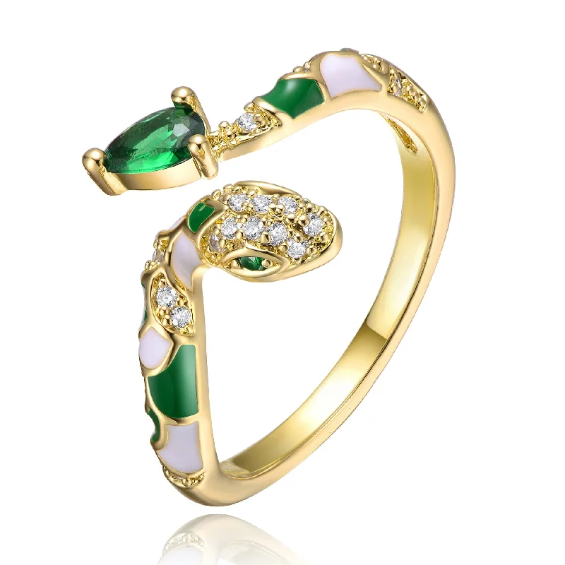 Small pearl rings-RG 14k Yellow Gold Plated with Emerald & Cubic Zirconia Coiled Snake Serpent Open Bypass Cuff Ring