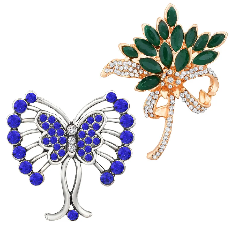 Hammered metal brooches-Mahi Combo of Floral and Butterfly Shaped Wedding Brooch / Lapel Pin with Multicolor Crystals for Women (CO1105475M)