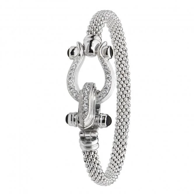 Petal carved bracelets-Acotis Silver Bangle Oval Mesh Horseshoe Clasp Zirconia G4227