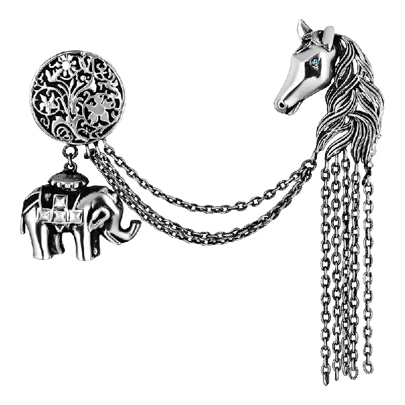 Sapphire stone brooches-Mahi Antique Rhodium Plated Baby Elaphant and Horse Face Shaped Floral Brooch Pin with Chain for Men (BP1101101R)