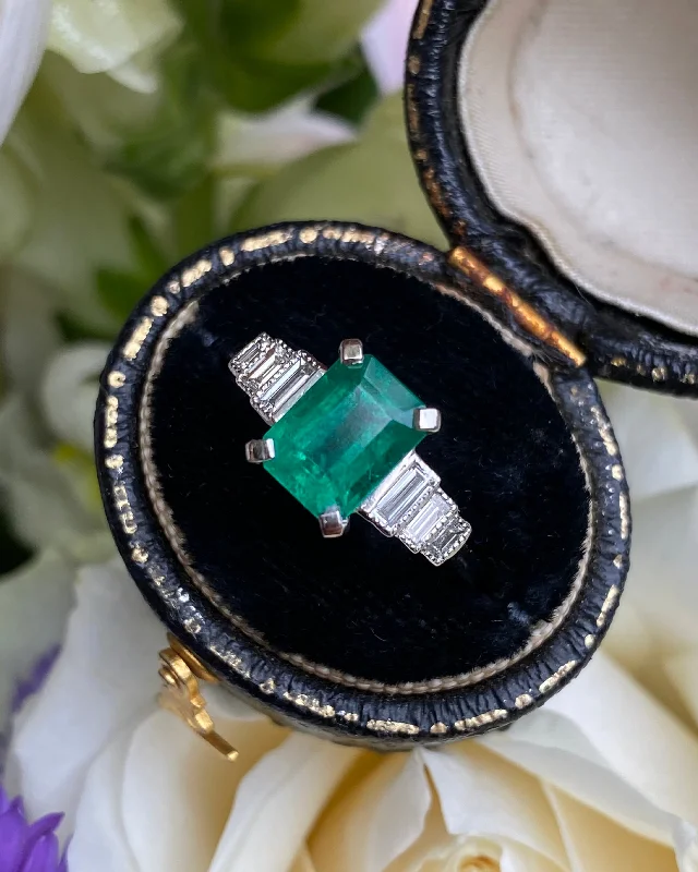 Light enamel rings-Art Deco Emerald and Diamond Ring Platinum 0.30ct + 1.92ct