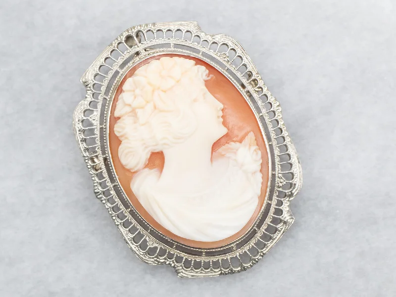 Asymmetrical brooches-White Gold Filigree Cameo Brooch or Pendant