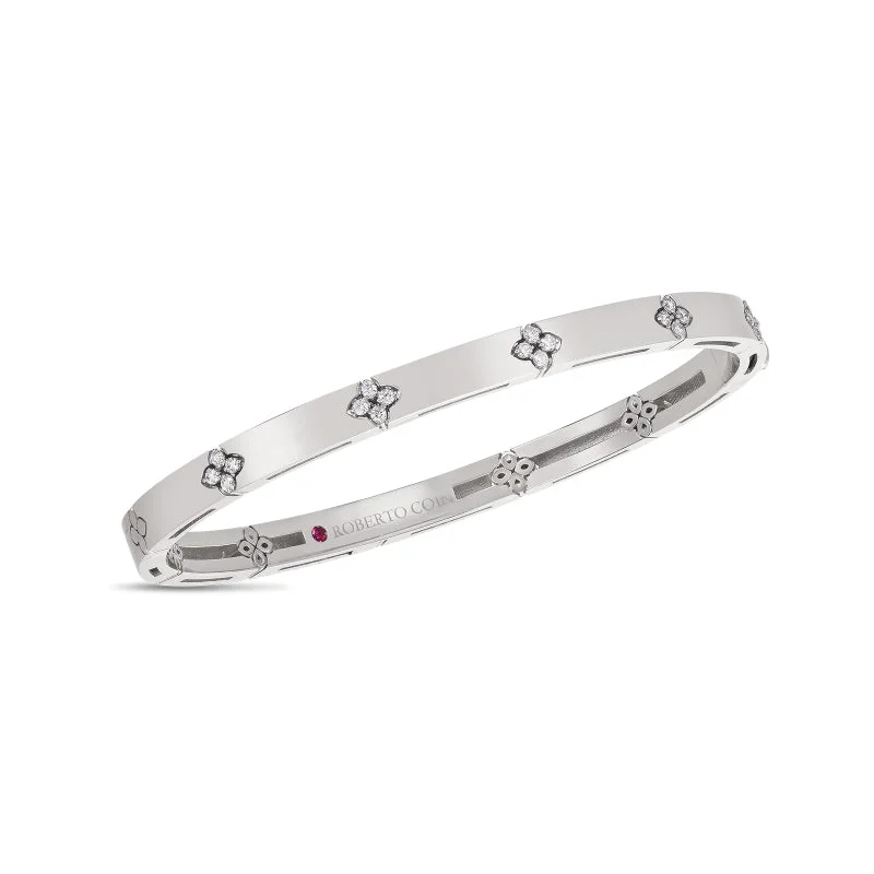 Flexible cord bracelets-Roberto Coin Love in Verona 18K White Gold Bangle with Diamond Accents