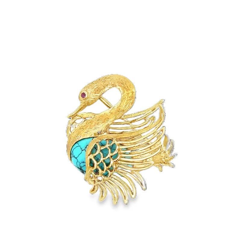 Turquoise inlay brooches-Vintage Turquoise Swan Brooch in 18k Yellow Gold