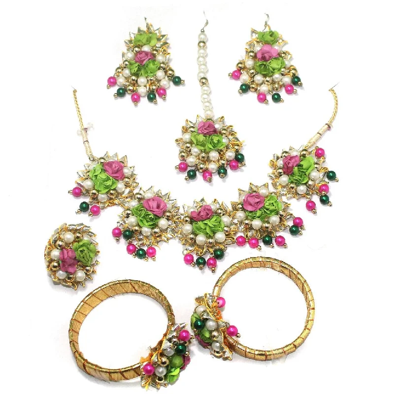 Full moon bangles-Gotta Patti Necklace Set with Maang Tikka, Earrings, Ring and Bangle Multicolor