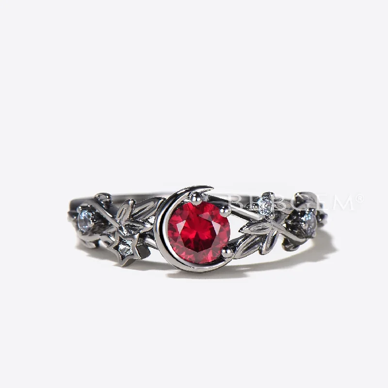 Small wing rings-Round Ruby Alerxandrite Moon Gothic Black Leaf Branch Wedding Ring