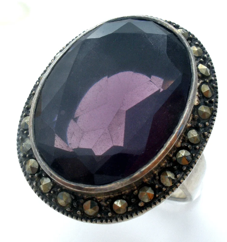 Ruby inlay rings-Vintage Amethyst & Marcasite Sterling Ring Size 8