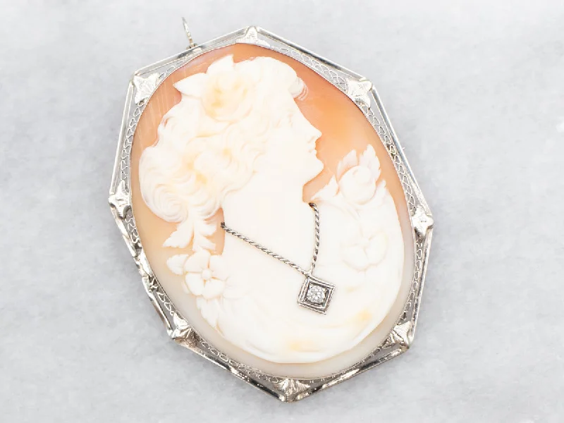 Leaf-shaped brooches-Art Deco Old Mine Cut Diamond Cameo Brooch or Pendant