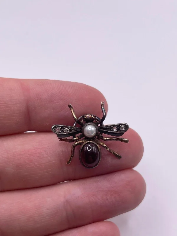 Hammered metal brooches-9ct gold and silver diamond, garnet & pearl insect brooch